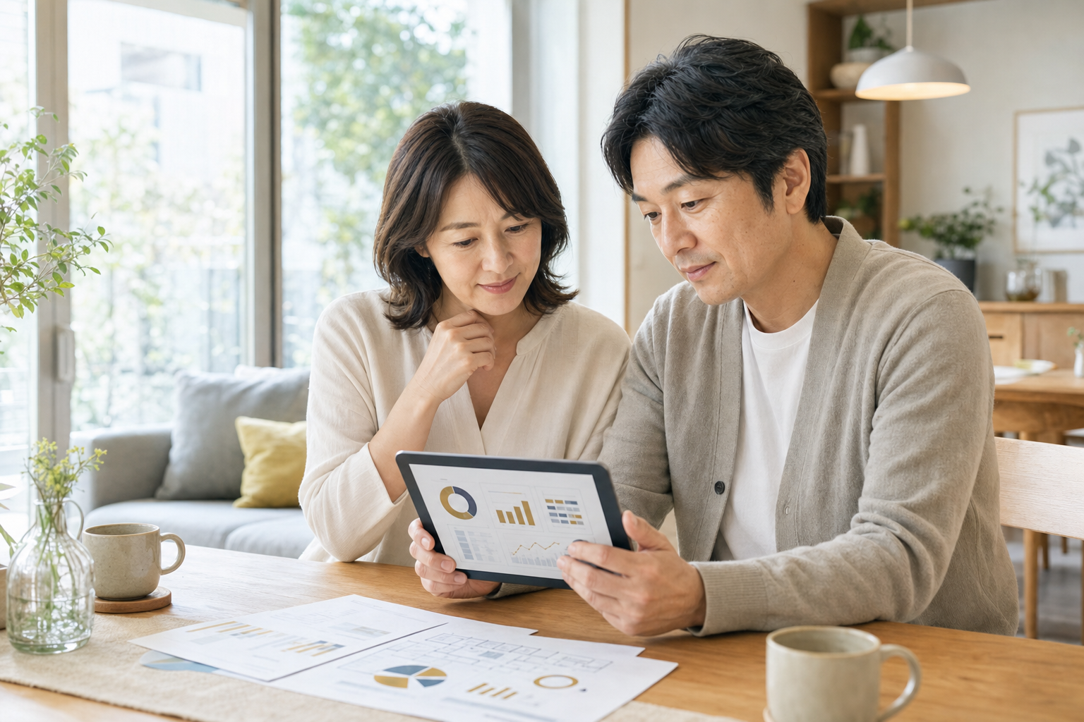 家庭で助成金試算を確認する夫婦